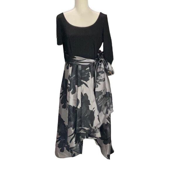 R&M Richards Maxi Hi Lo Dress Black Silver Floral Ruche Sleeve Waist Sash Sz 12 - Picture 1 of 9